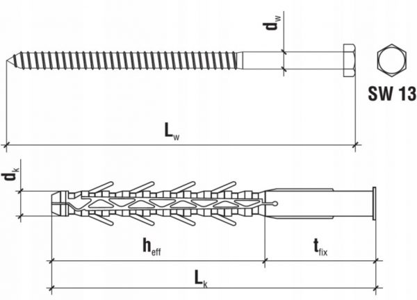 Kołki ramowe rozporowe z wkrętem z łbem sześciokątnym 12x100mm KLIMAS 25szt - obrazek 4