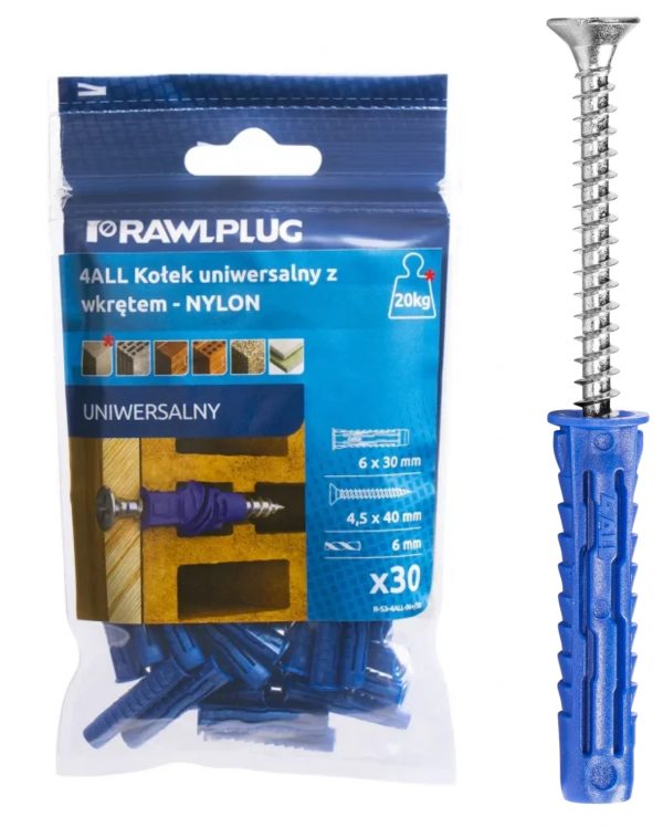 Kołek rozporowy wbijany 6x30 mm z wkrętem 4,5x40 mm Rawlplug 4ALL 30 szt