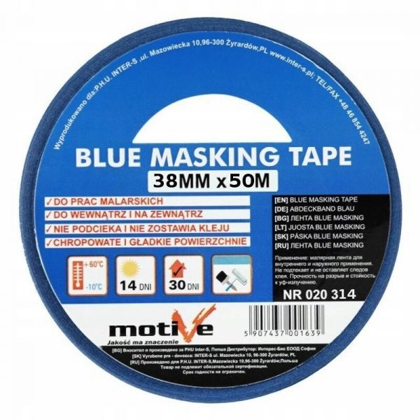 Taśma malarska niebieska BLUE MASKING TAPE 38mm/50m MOTIVE, 020 314
