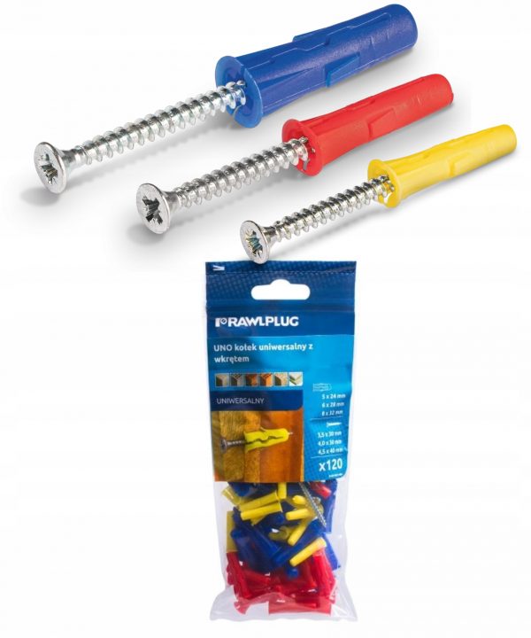 MIX Kołków uniwersalnych 5,6,8 mm z wkrętem Rawlplug UNO 120 elementów